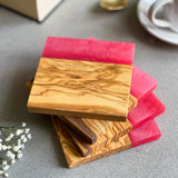 Set of 4 Italian Olive Wood and Vibrant Pink Resin Drinks Coasters