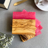 Set of 4 Italian Olive Wood and Vibrant Pink Resin Drinks Coasters