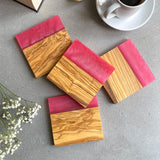 Set of 4 Italian Olive Wood and Vibrant Pink Resin Drinks Coasters