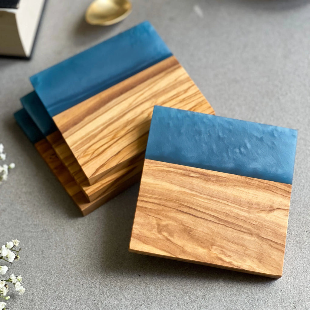 Set of 4 Italian Olive Wood and Blue Resin Drinks Coasters