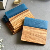 Set of 4 Italian Olive Wood and Marbled Blue Resin Drinks Coasters