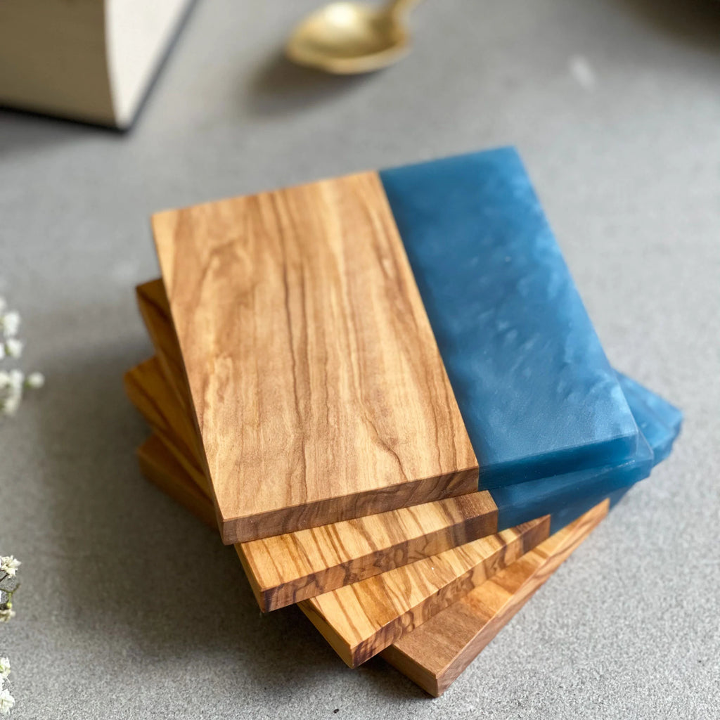 Set of 4 Italian Olive Wood and Blue Resin Drinks Coasters