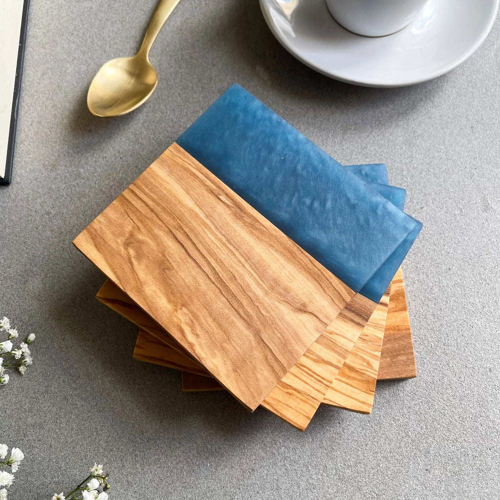 Set of 4 Italian Olive Wood and Blue Resin Drinks Coasters