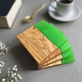 Set of 4 Italian Olive Wood and Vibrant Green Resin Drinks Coasters