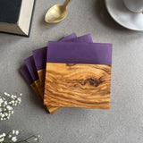 Set of 4 Italian Olive Wood and Grape Purple Resin Drinks Coasters