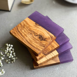 Set of 4 Italian Olive Wood and Grape Purple Resin Drinks Coasters