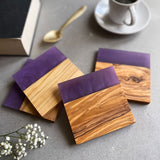 Set of 4 Italian Olive Wood and Grape Purple Resin Drinks Coasters