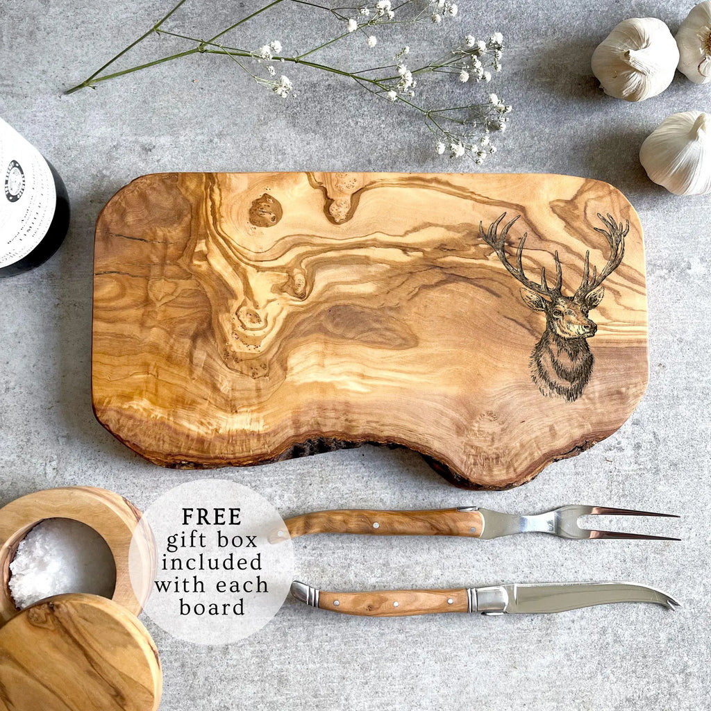 Rustic Olive Wood Deer Engraved Cutting Board