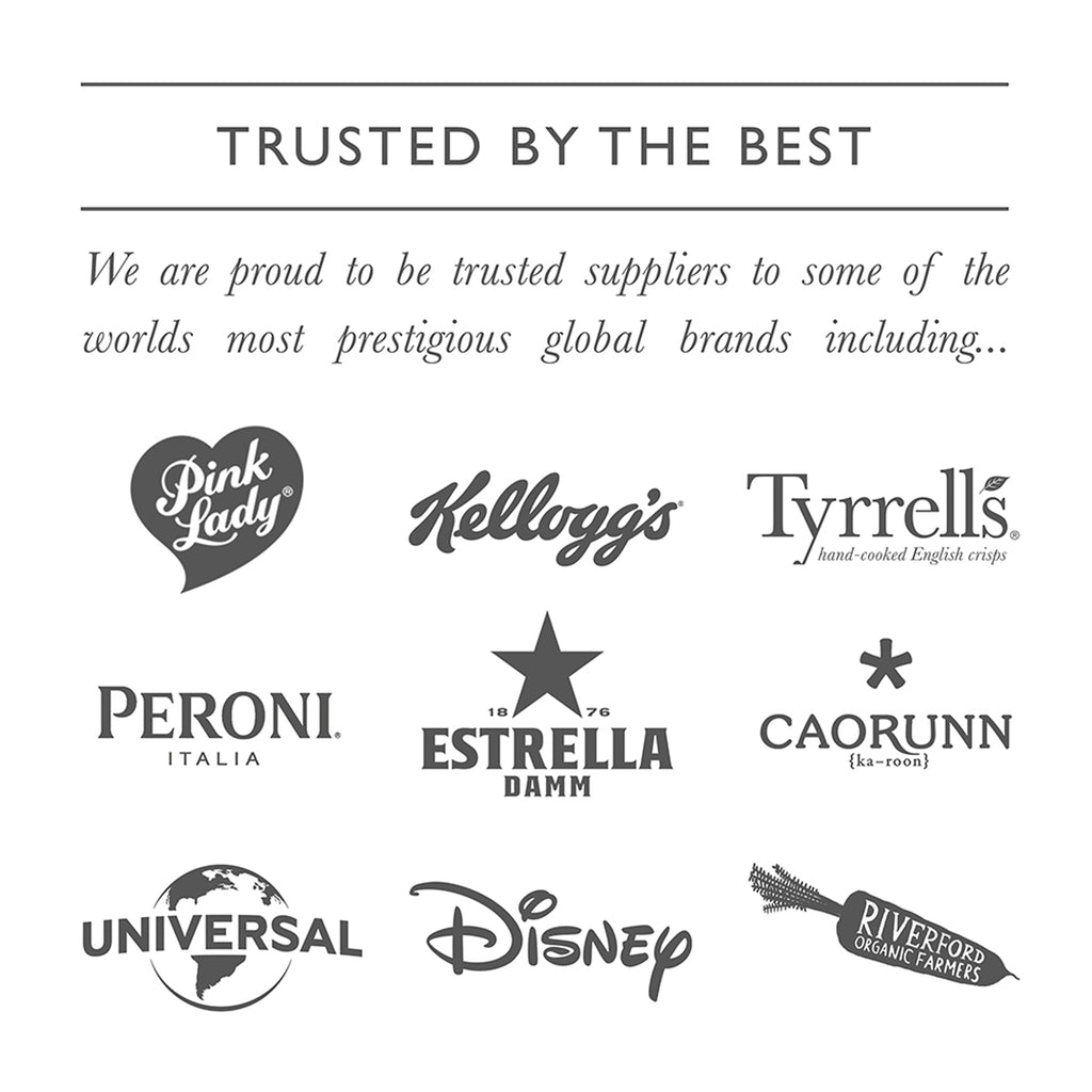 Logos of trusted brands including Pink Lady, Kellogg's, Tyrrells, Peroni, Estrella Damm, Caorunn, Universal, Disney, and Riverford on a white background.