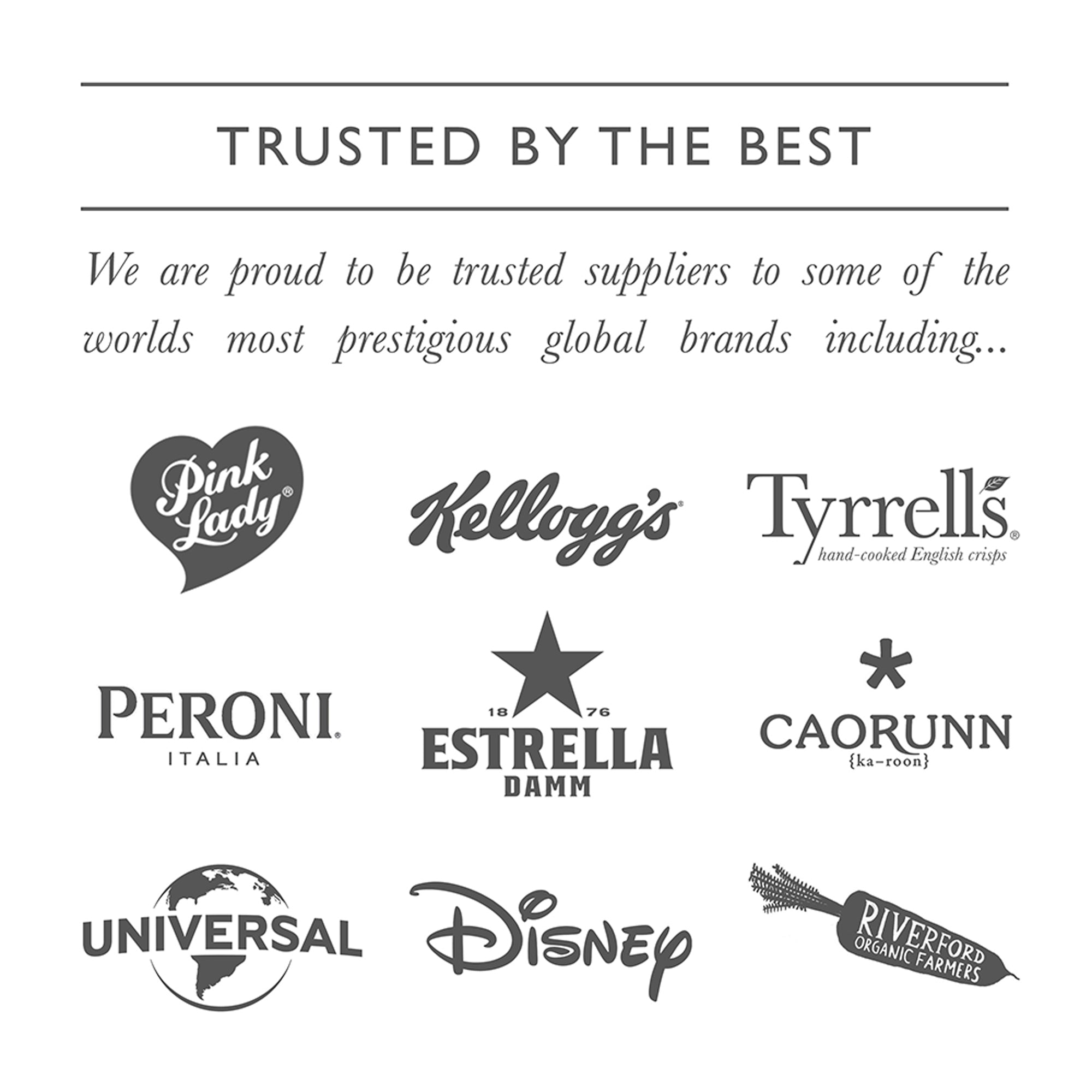 Logos of trusted brands including Pink Lady, Kellogg's, Tyrrells, Peroni, Estrella Damm, Caorunn, Universal, Disney, and Riverford on a white background.