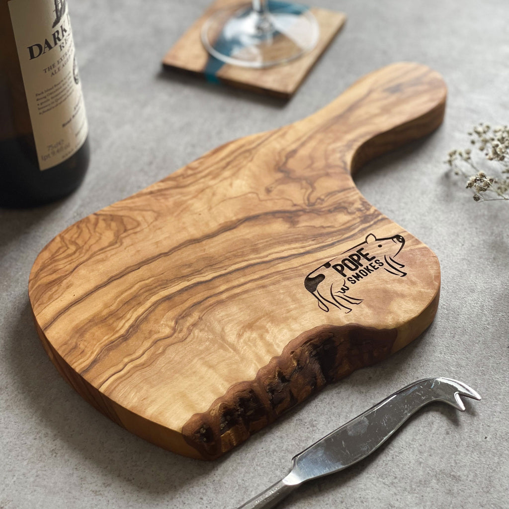 Your Own Logo Engraved Olive Wood Chopping/Cheese Board with Handle - 30cm x 15cm x 2cm