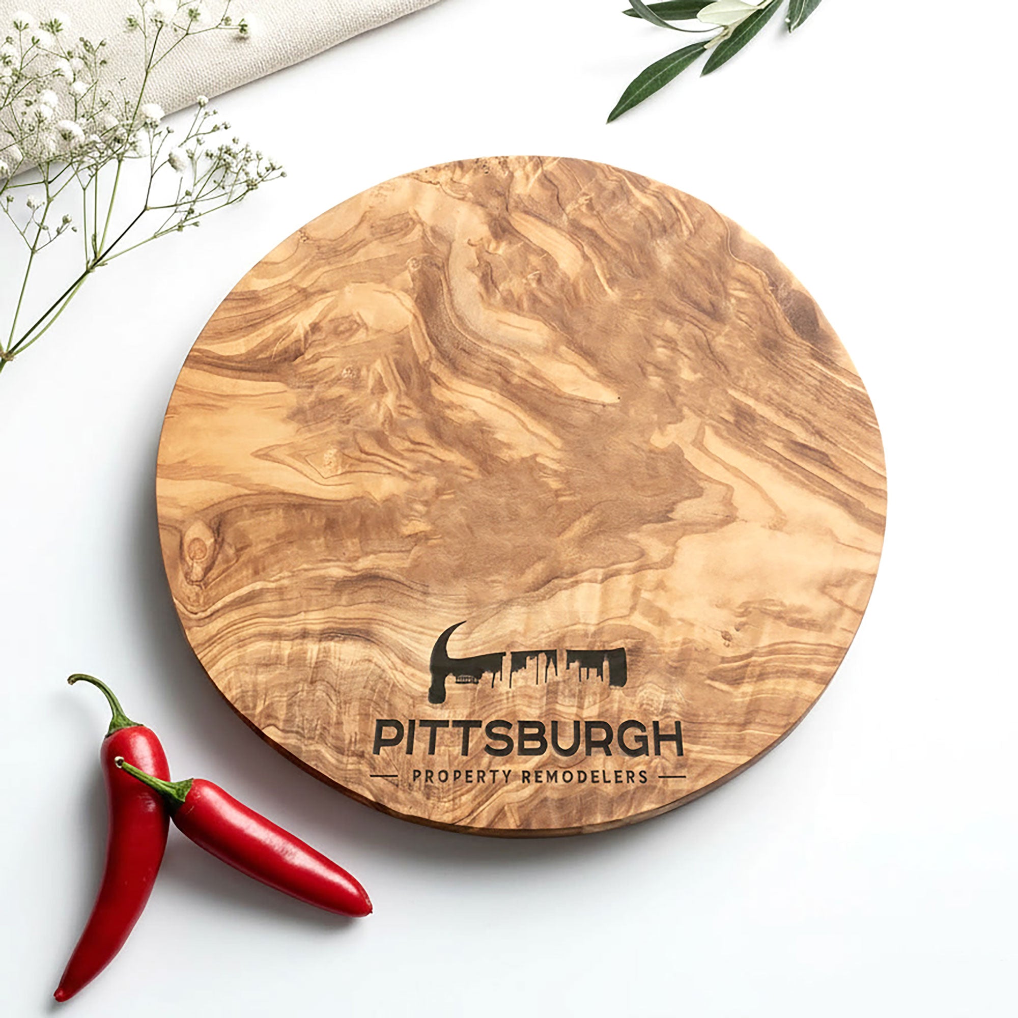 Your Own Logo Engraved Olive Wood Round Chopping/Cheese Board - 3 Sizes