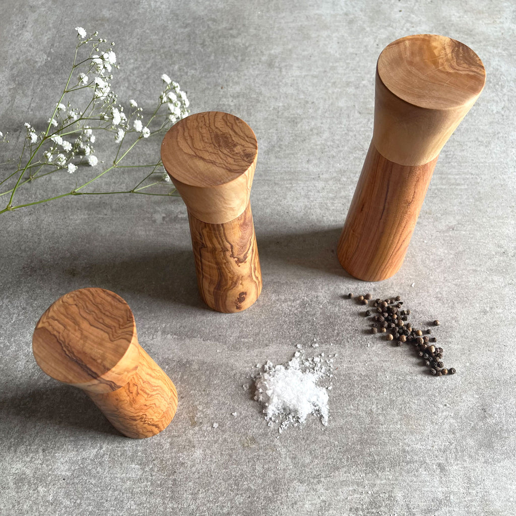 Olive Wood Modern Style Pepper or Salt Mill and Grinder - 3 Sizes
