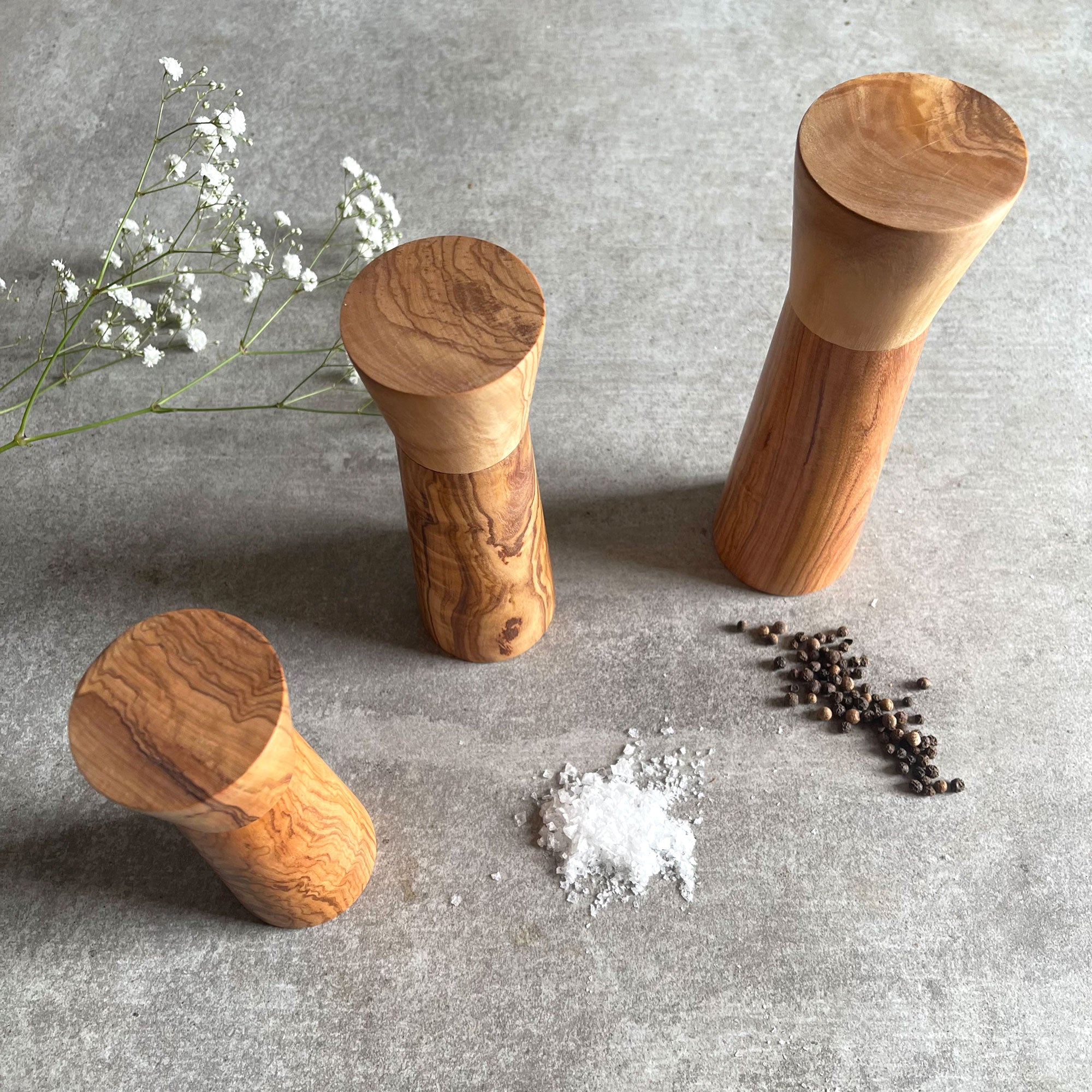 Olive Wood Modern Style Pepper or Salt Mill and Grinder - 3 Sizes