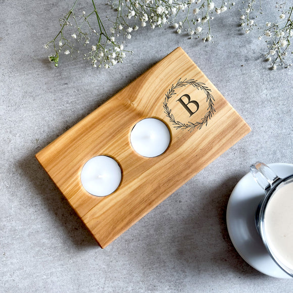Personalized Contemporary Olive Wood Tealight Holder