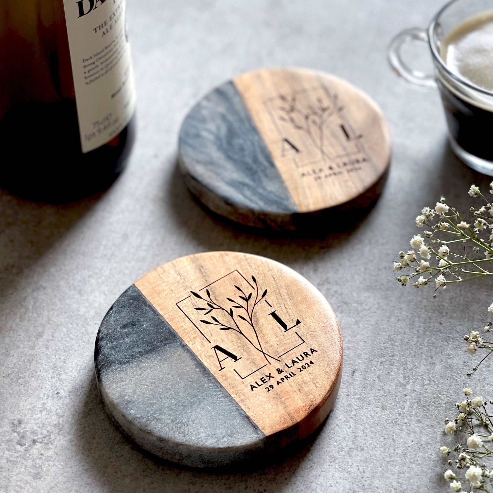 Personalised Wedding Gift  - Marble & Acacia Coaster