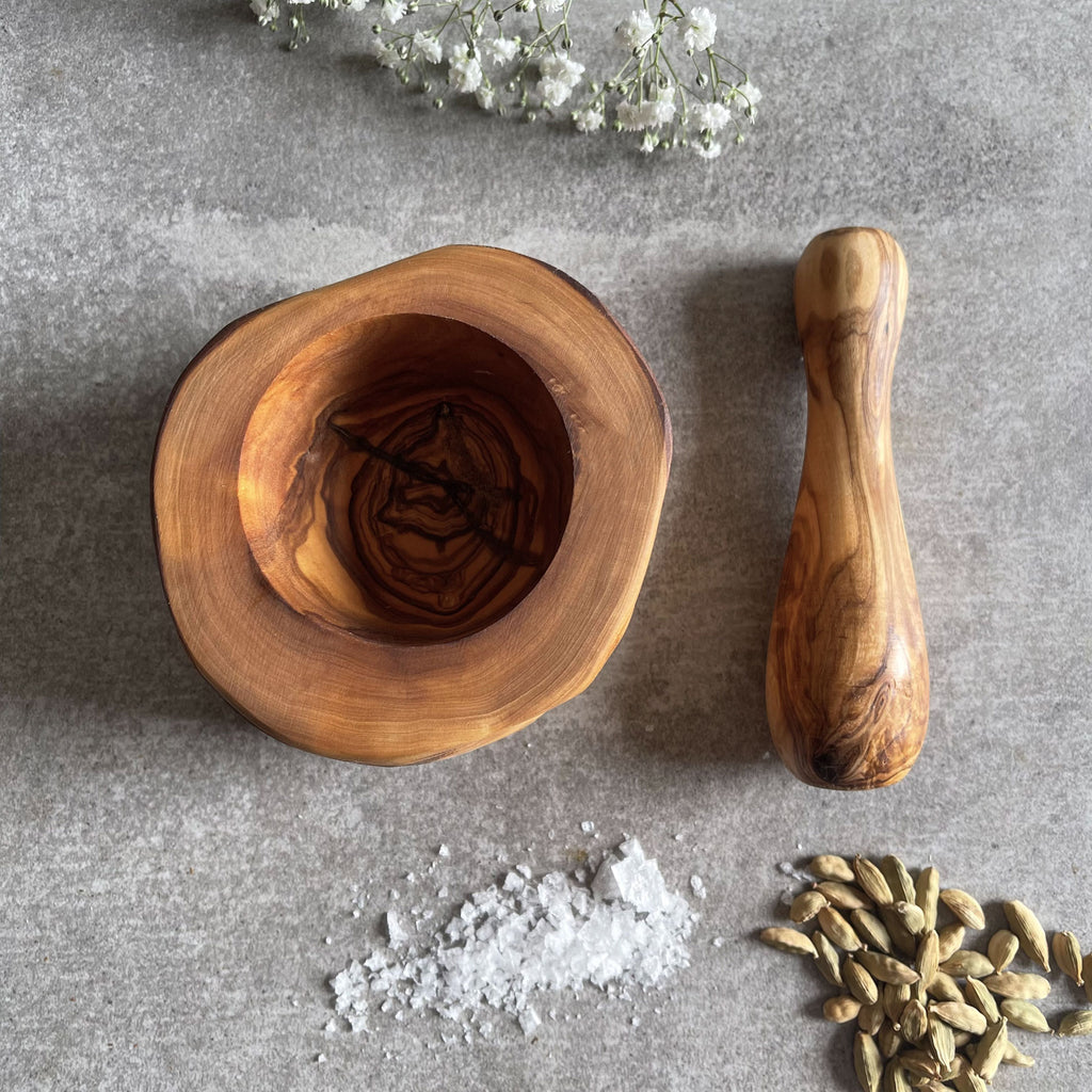 Rustic Olive Wood Pestle And Mortar Spice Grinder