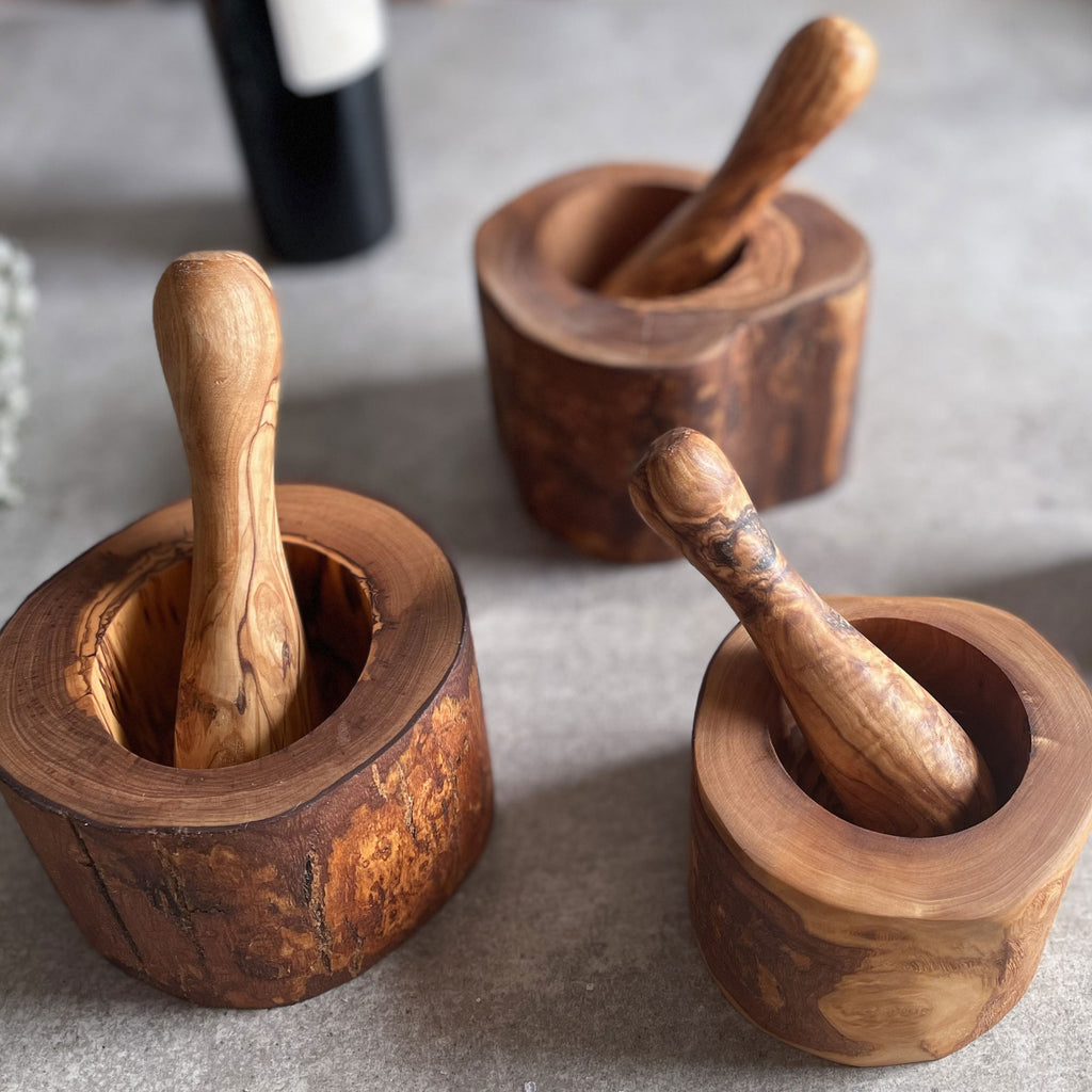 Rustic Olive Wood Pestle And Mortar Spice Grinder