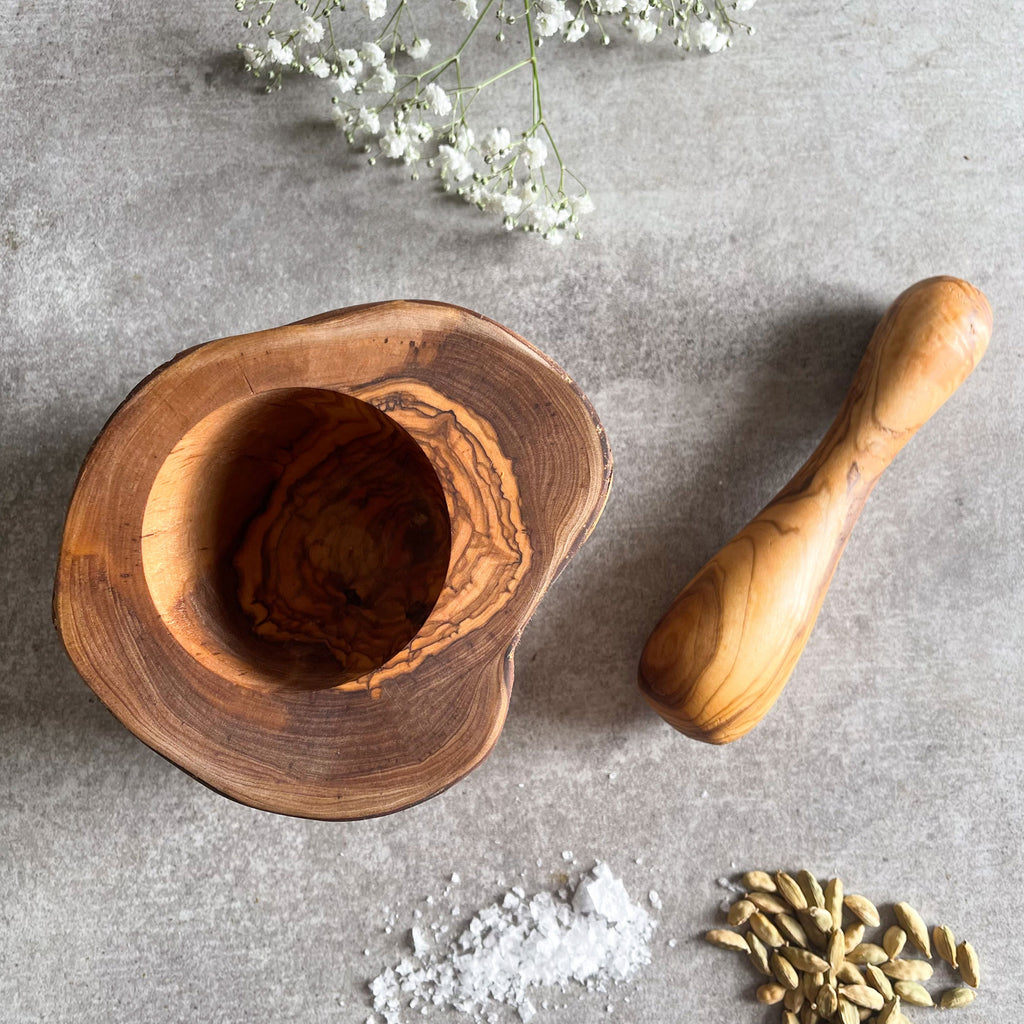 Rustic Olive Wood Pestle And Mortar Spice Grinder
