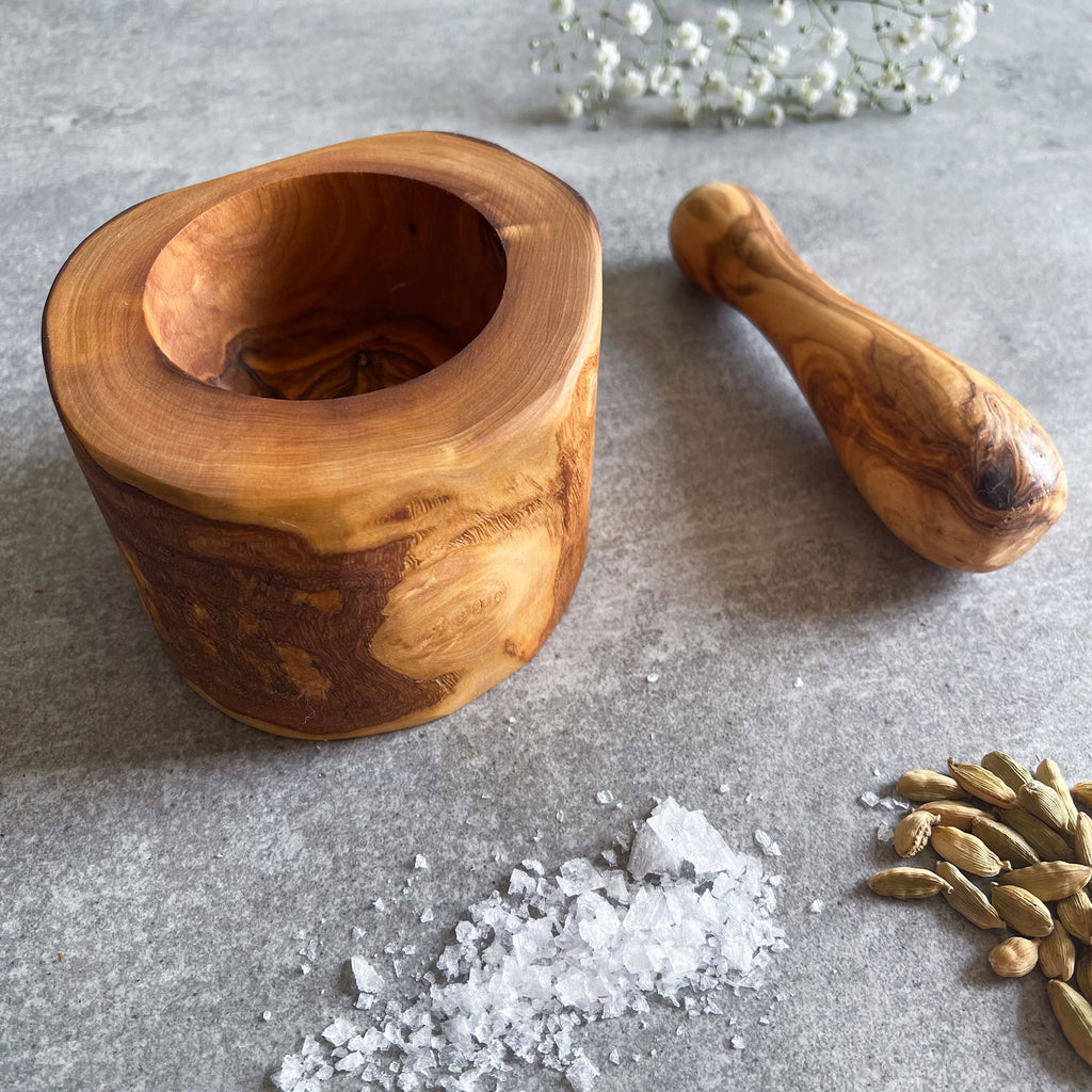 Rustic Olive Wood Pestle And Mortar Spice Grinder