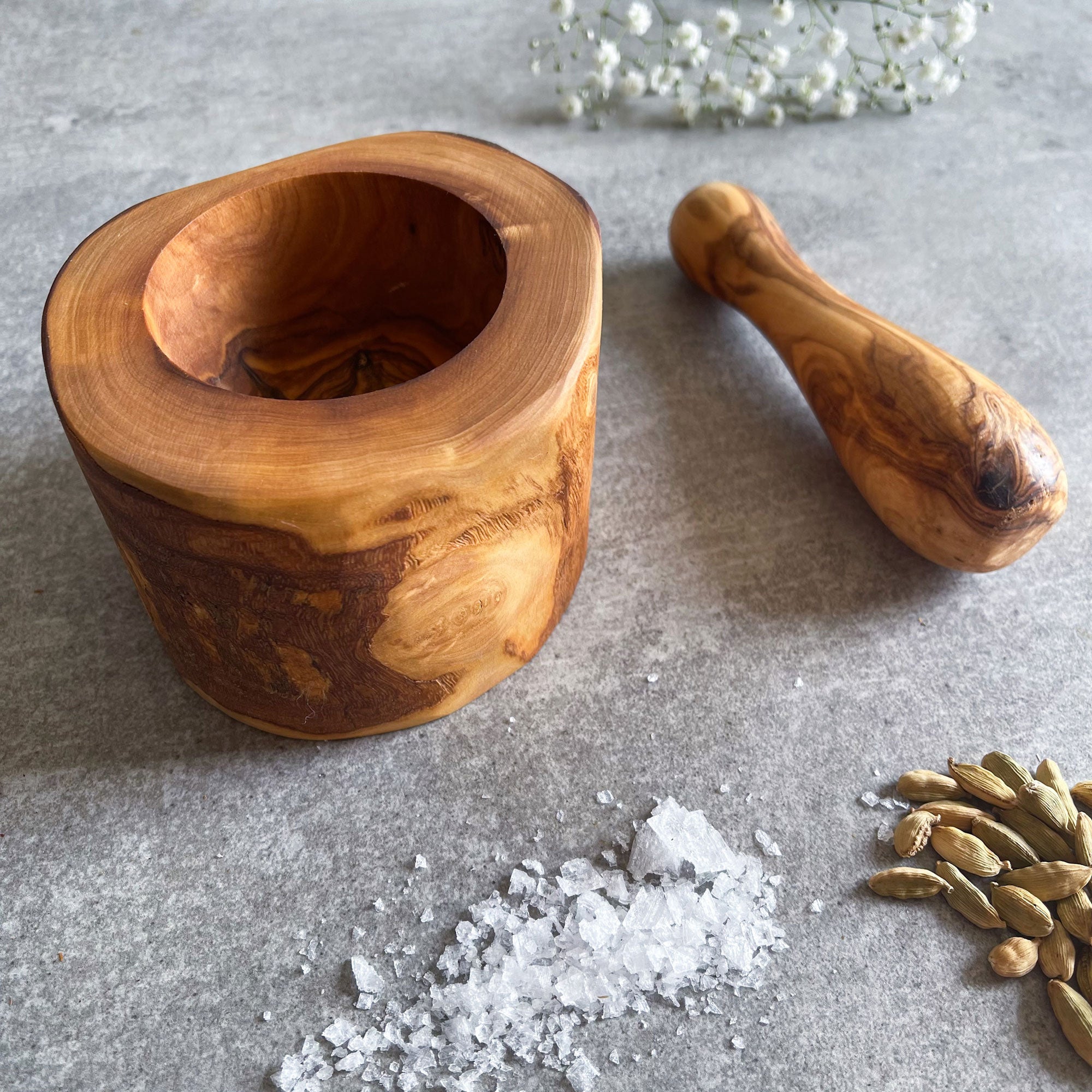 Rustic Olive Wood Pestle And Mortar Spice Grinder