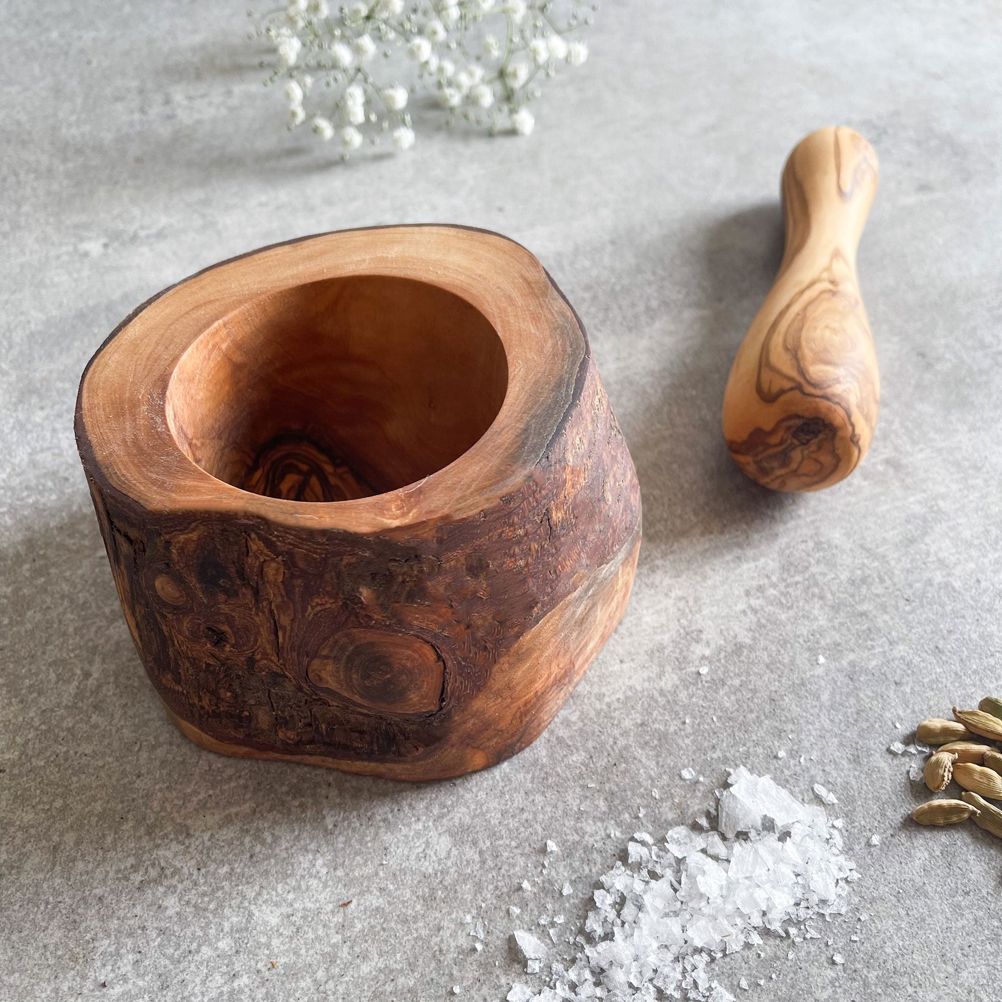 Rustic Olive Wood Pestle And Mortar Spice Grinder