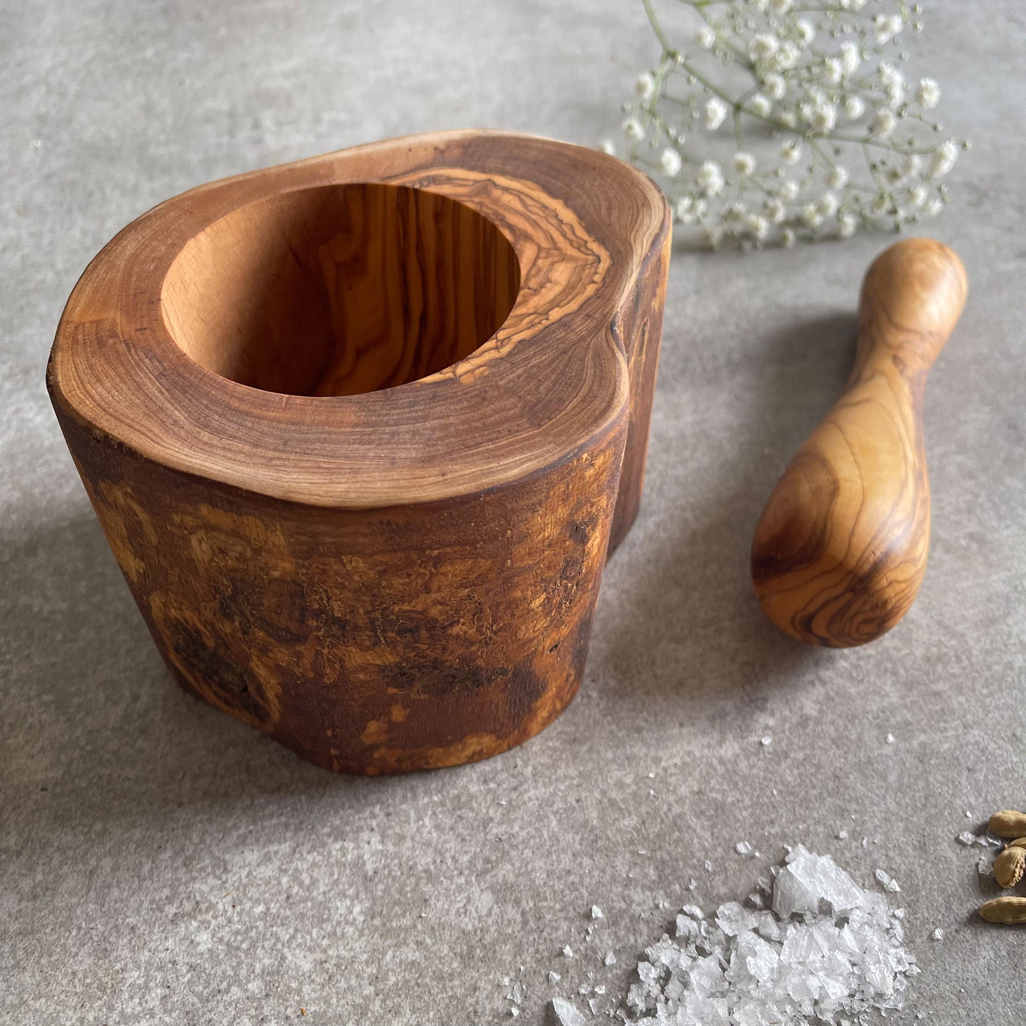 Rustic Olive Wood Pestle And Mortar Spice Grinder
