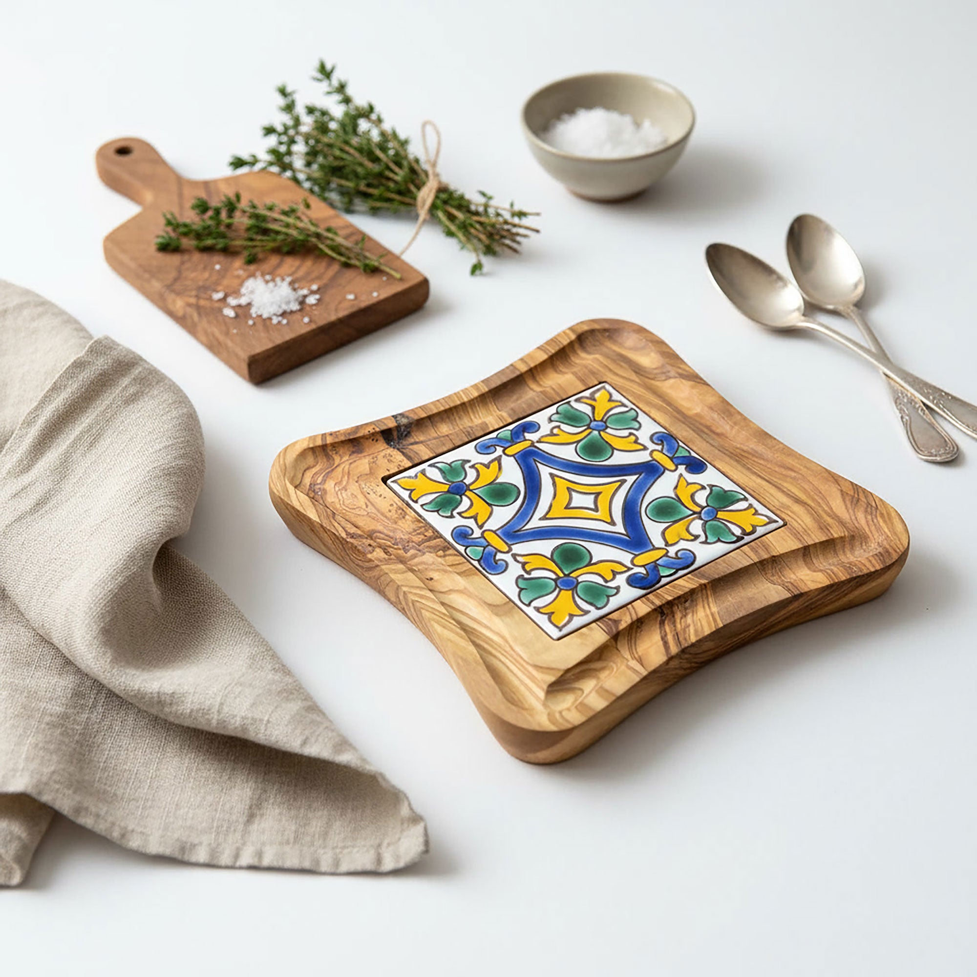 Olive Wood Trivet with Hand Painted Ceramic Tile