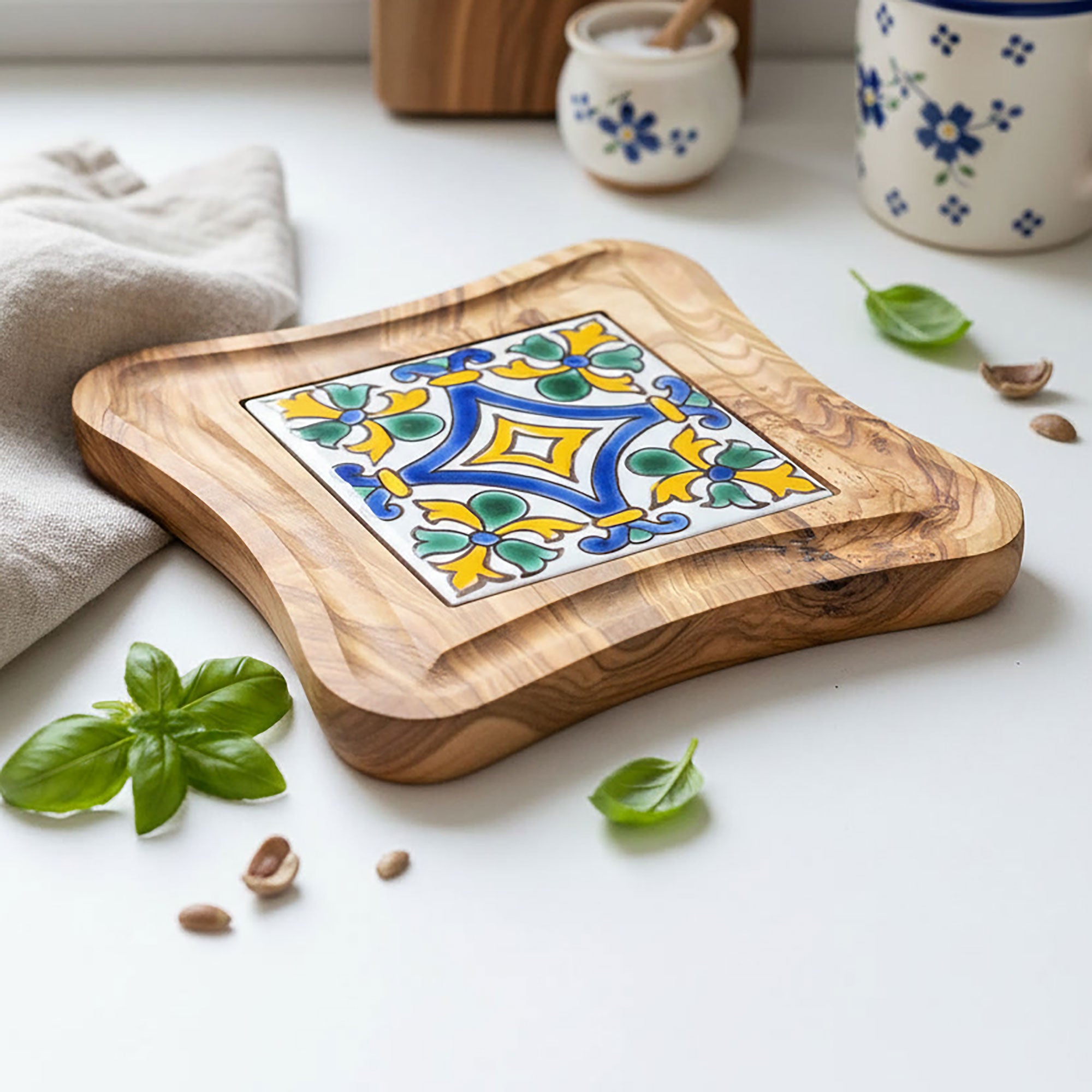 Olive Wood Trivet with Hand Painted Ceramic Tile