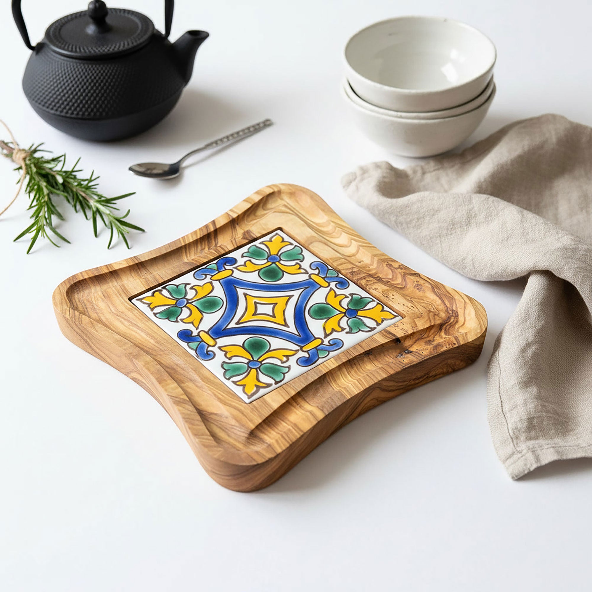 Olive Wood Trivet with Hand Painted Ceramic Tile