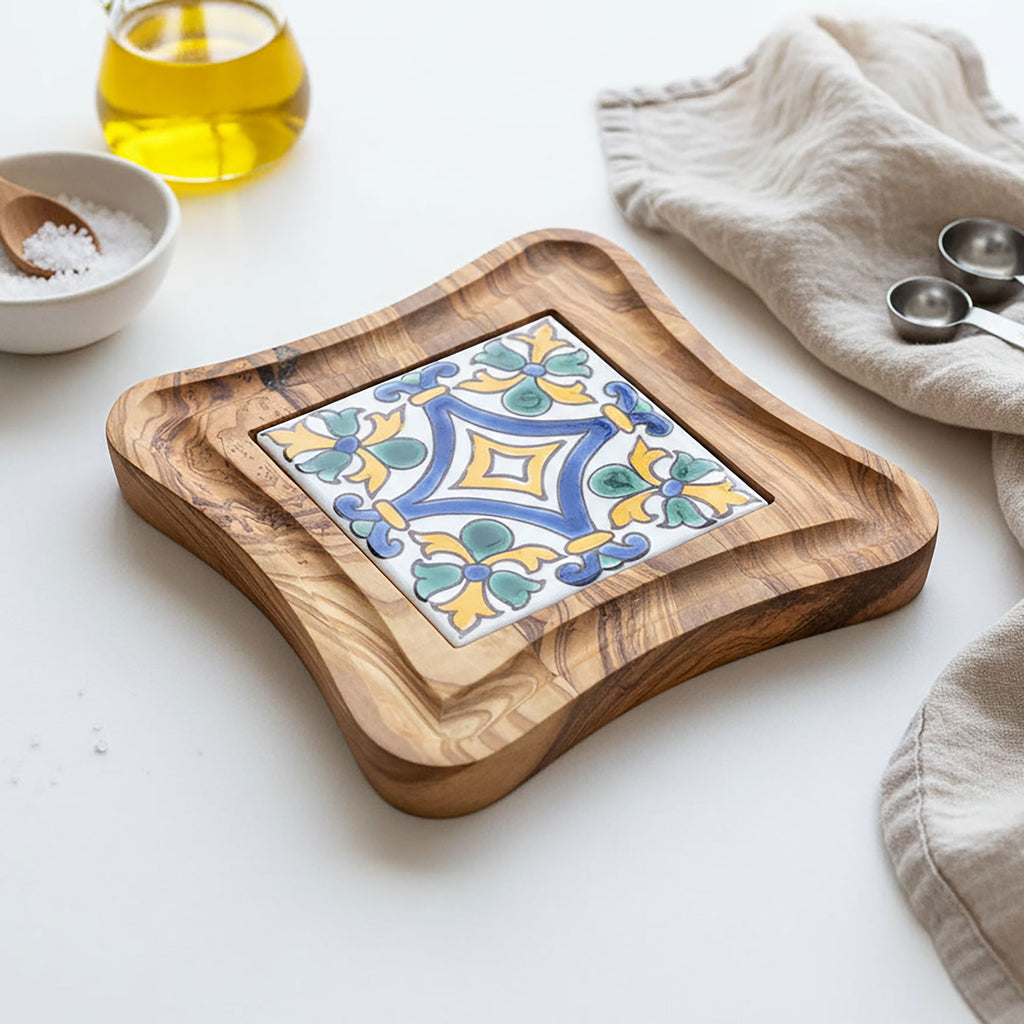 Olive Wood Trivet with Hand Painted Ceramic Tile