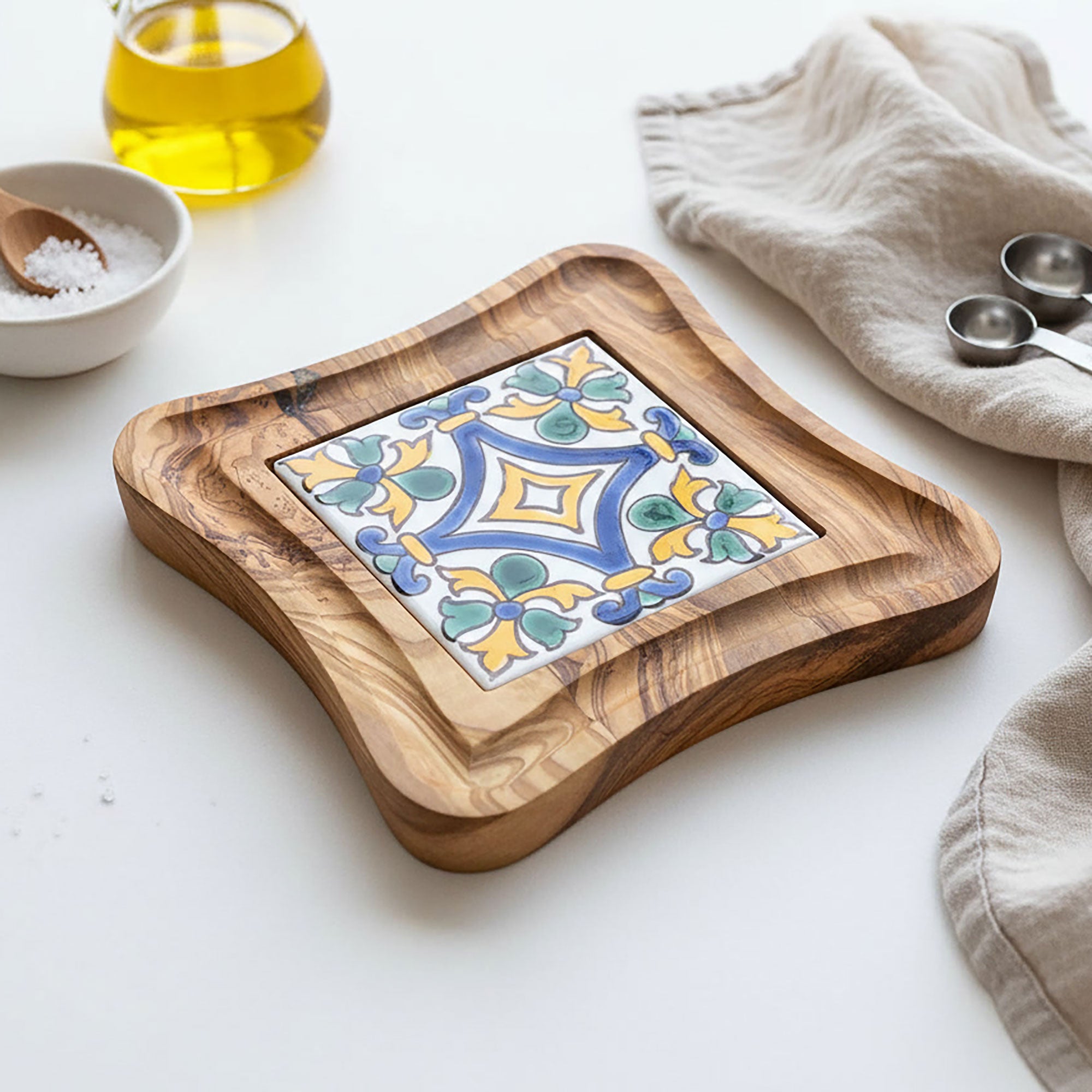 Olive Wood Trivet with Hand Painted Ceramic Tile