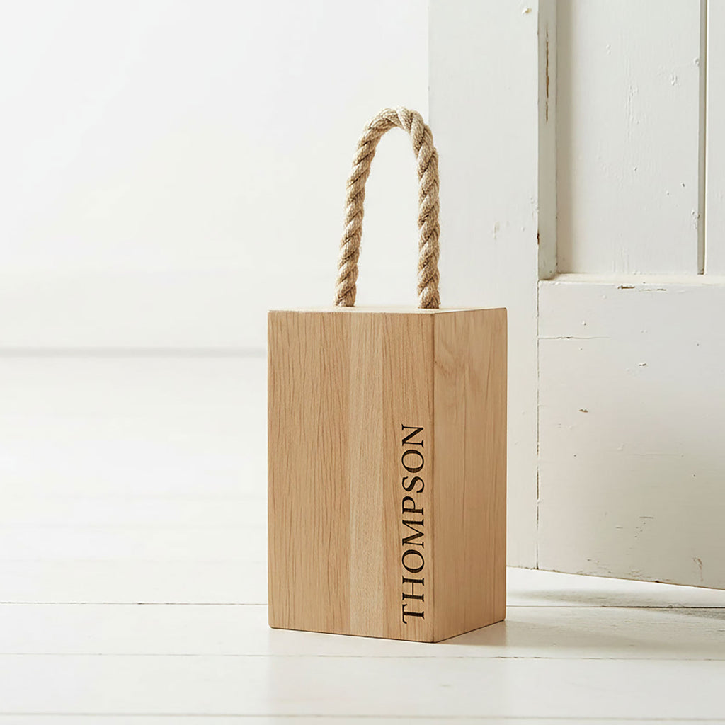 Personalised Solid Oak Door Stop with Rope Carrying Handle