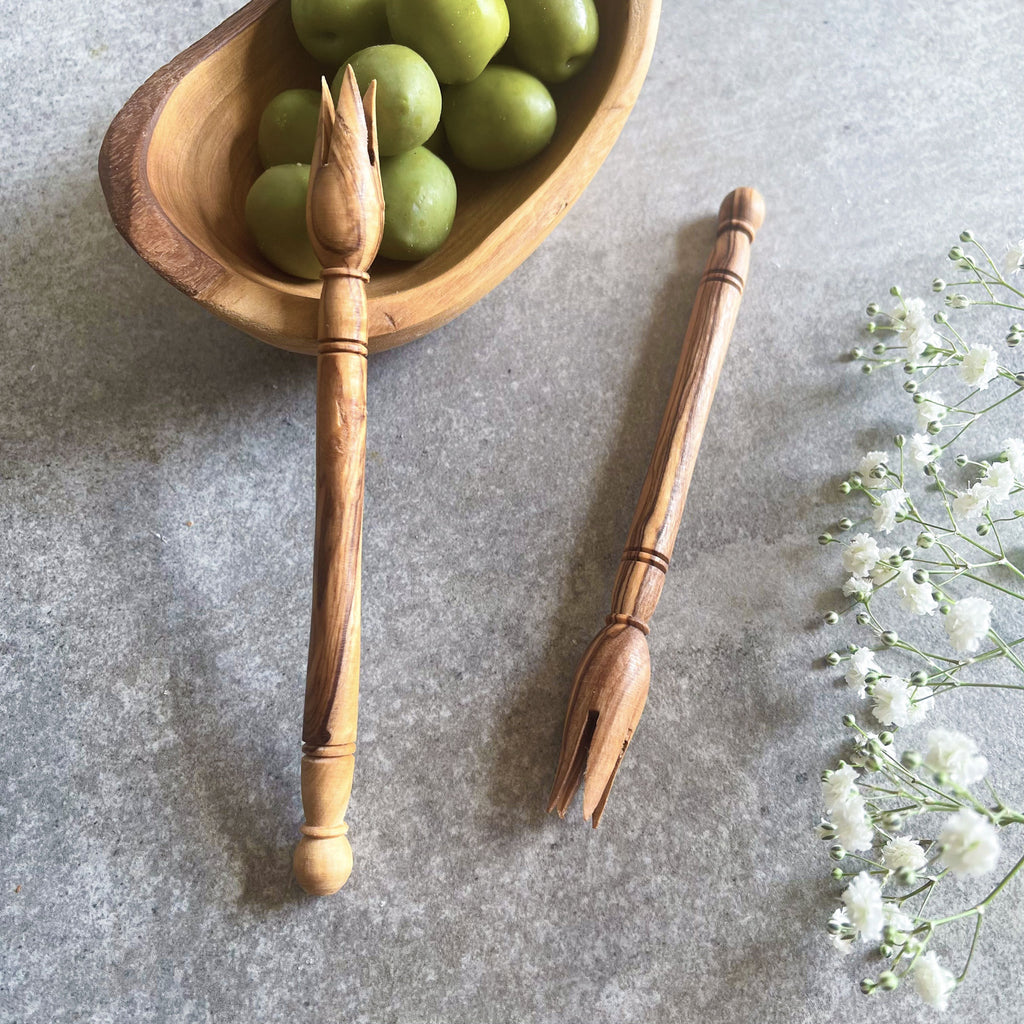Pair of Traditional Olive Wood Picks for Olives & Tapas