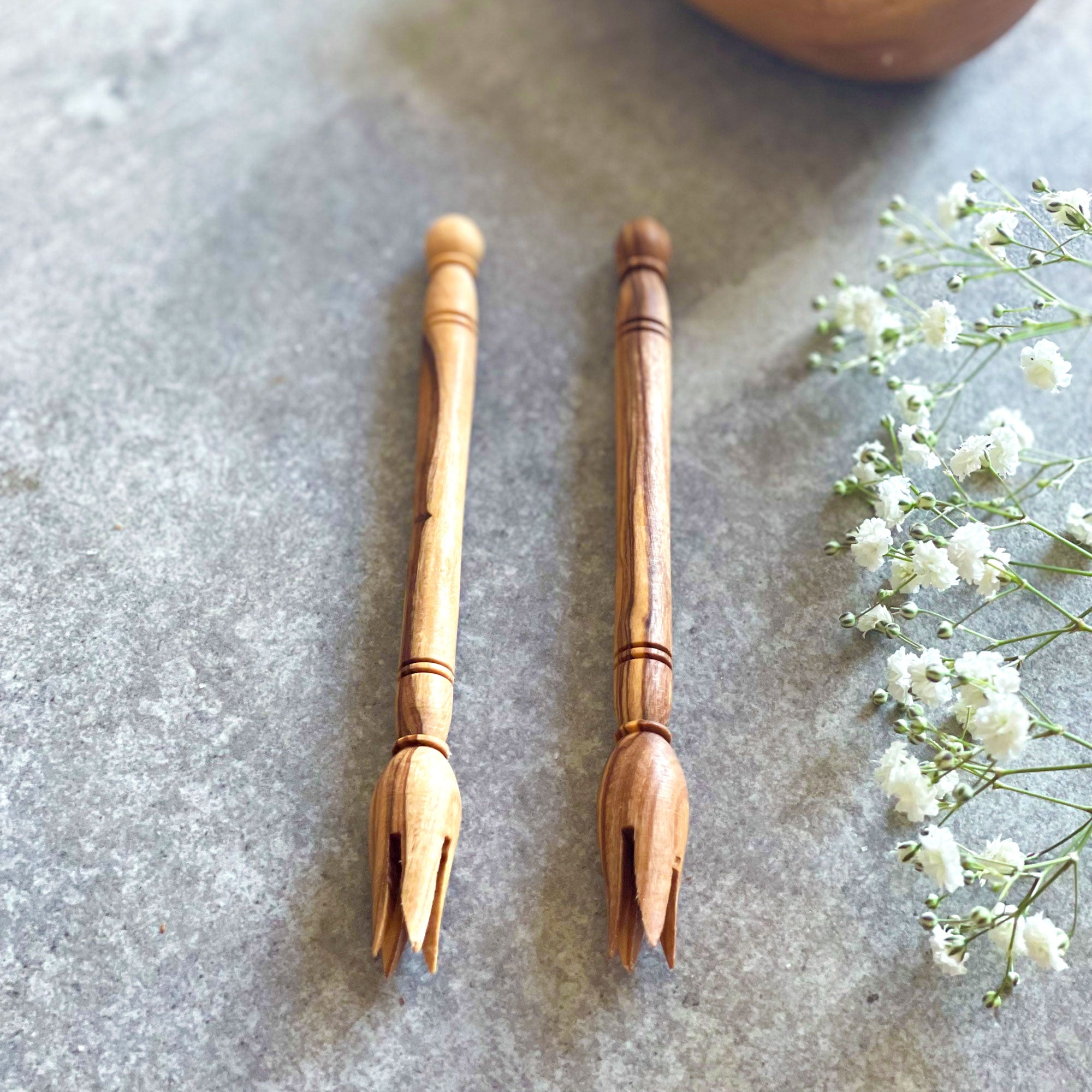Pair of Traditional Olive Wood Picks for Olives & Tapas