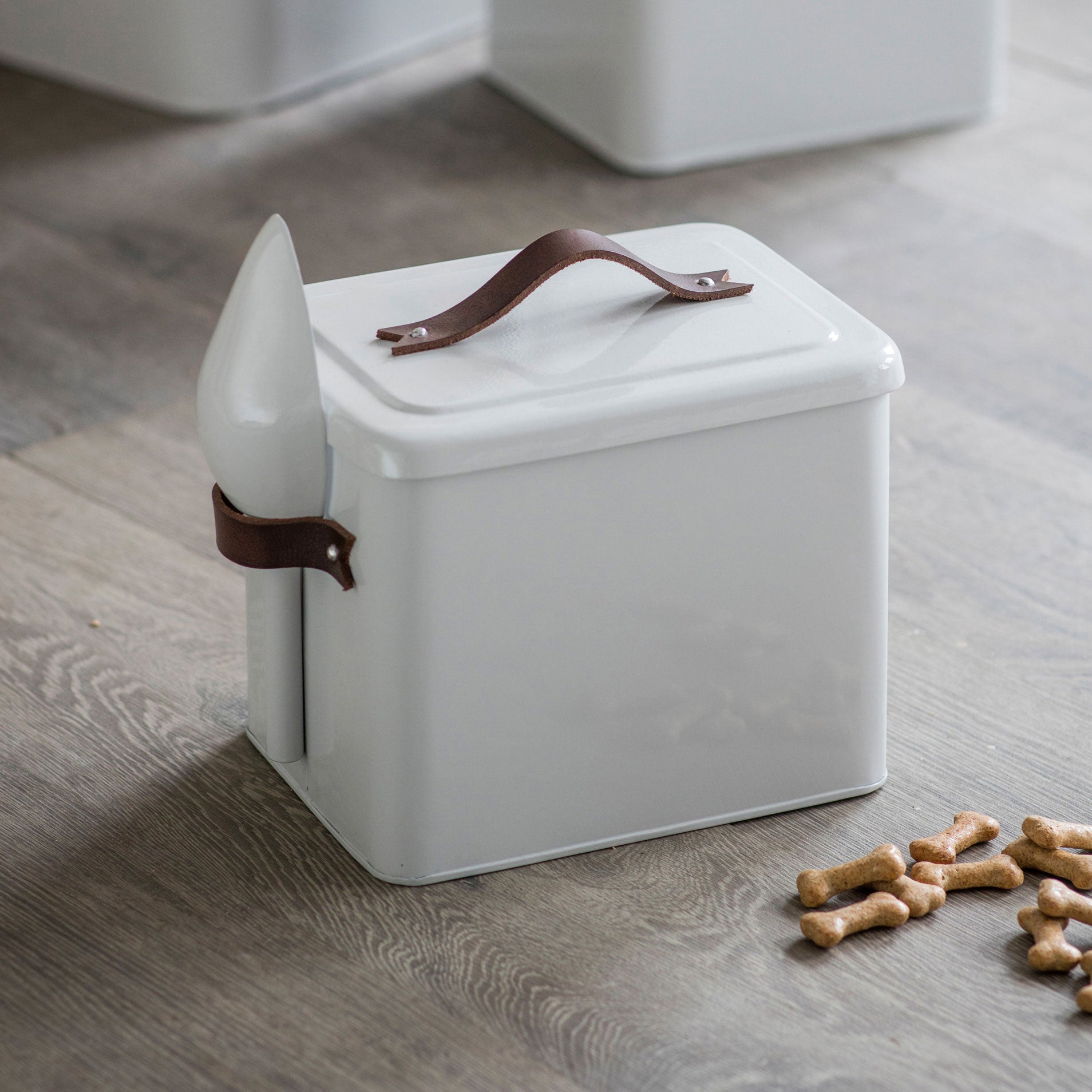 Pet Food and Treat Bin With Leather Handles - Cream