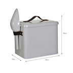 Gray storage box with a white handle and dimensions indicated on a white background