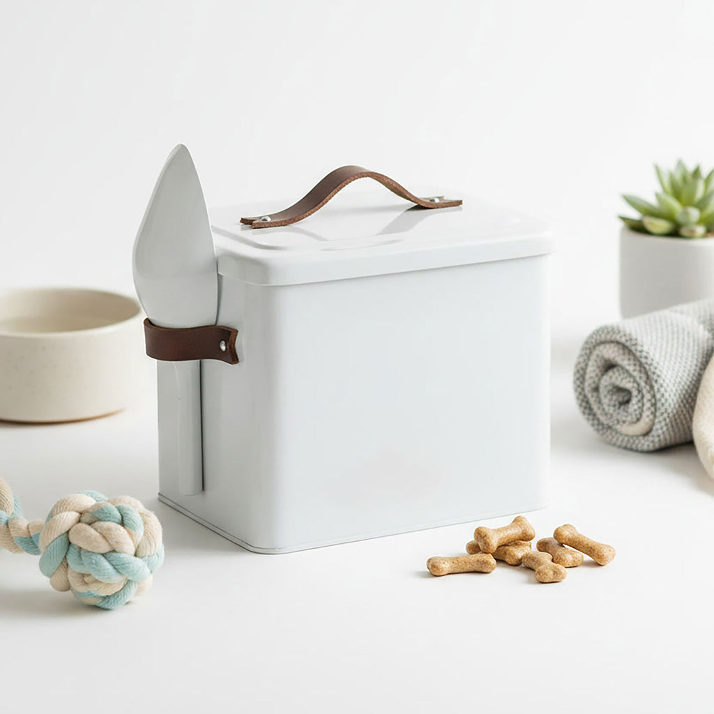 Pet Food and Treat Bin With Leather Handles - Cream