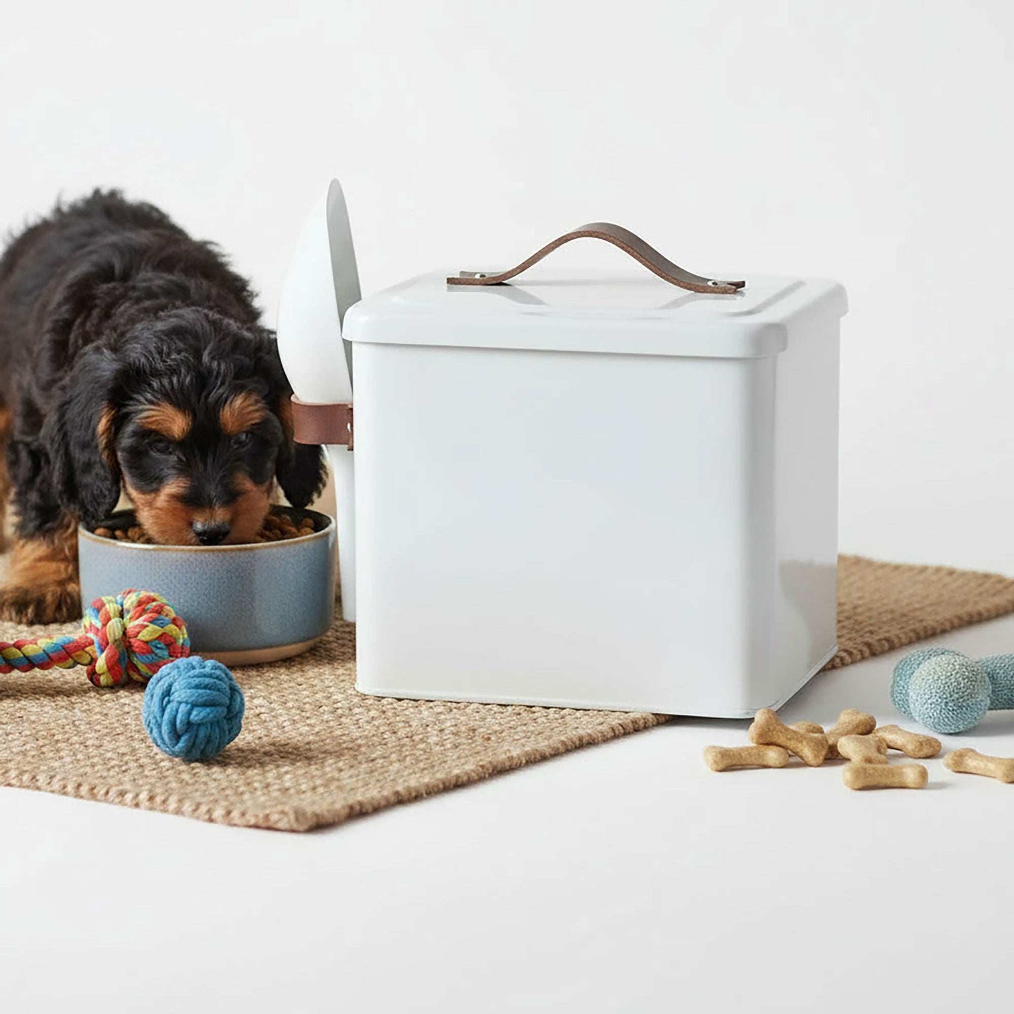 Pet Food and Treat Bin With Leather Handles - Cream