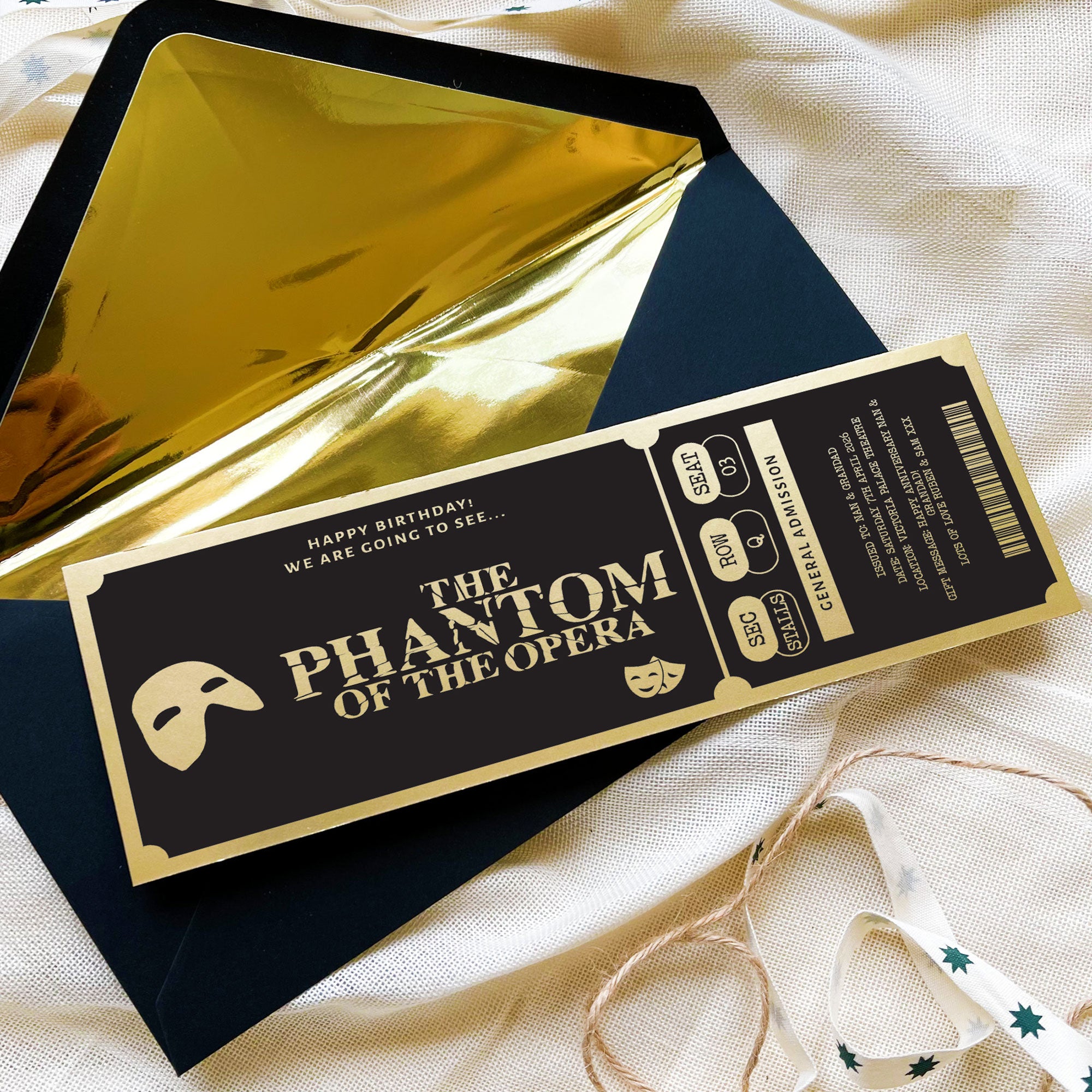 Personalised Gold Custom Theatre Show Ticket Keepsake