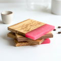 Set of 4 Italian Olive Wood and Vibrant Pink Resin Drinks Coasters
