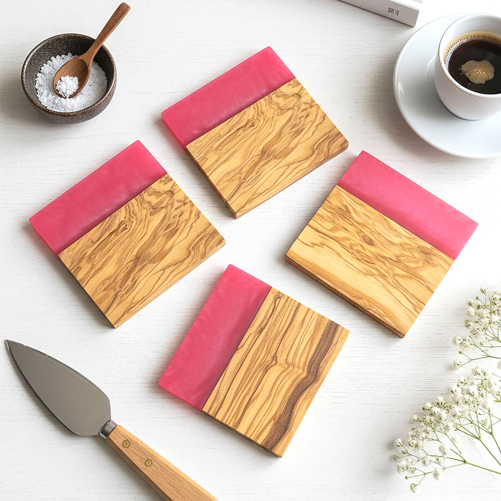 Set of 4 Italian Olive Wood and Vibrant Pink Resin Drinks Coasters