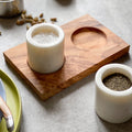 Salt and Pepper Marble Pinch Pots with Olive Wood Stand