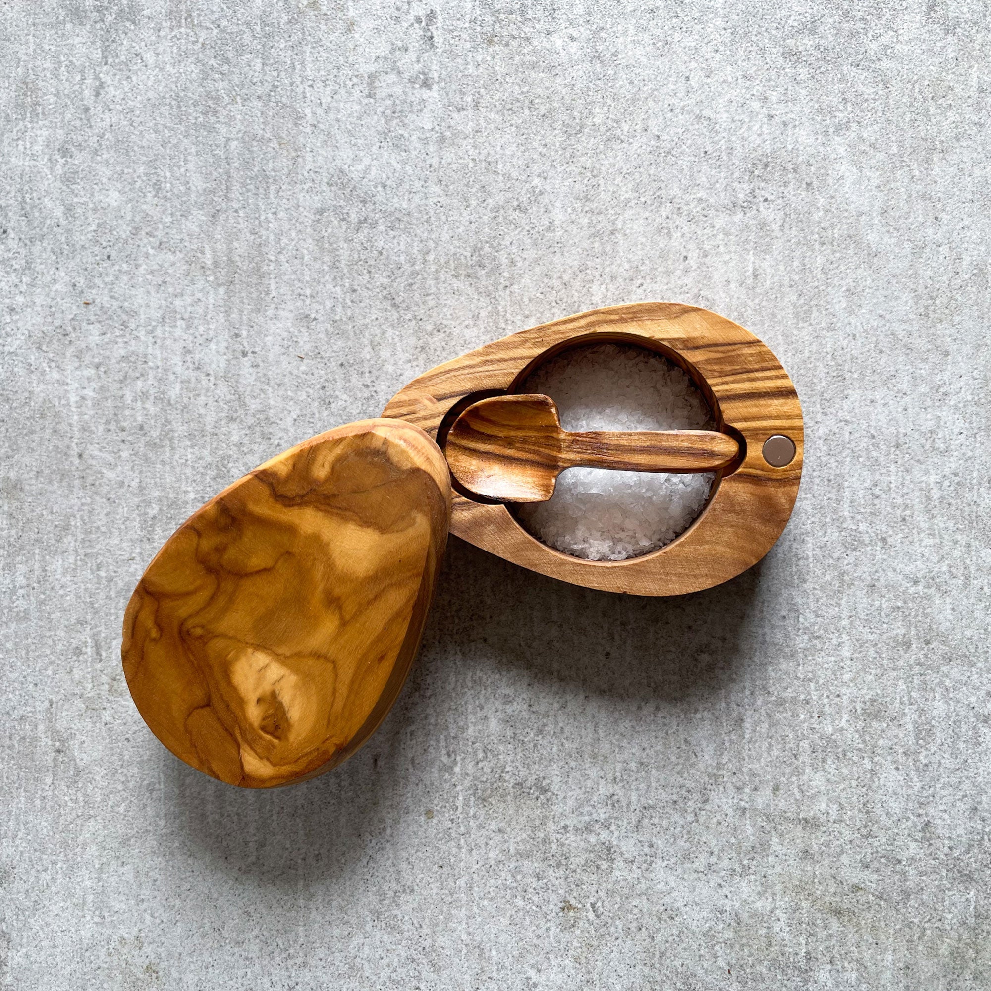 Handcrafted Olive Wood Salt Pot with Integrated Spoon
