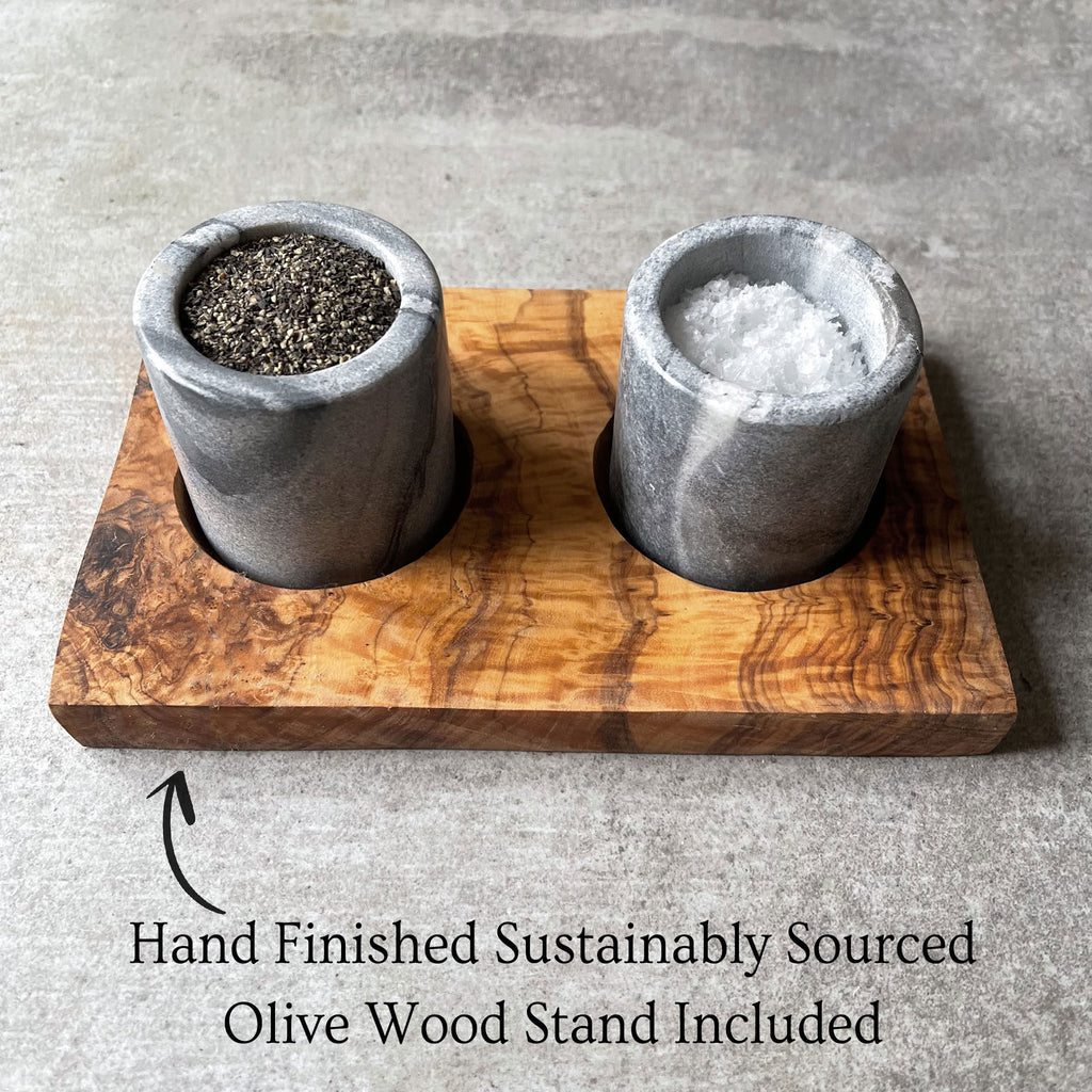 Salt and Pepper Marble Pinch Pots with Olive Wood Stand