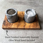 Salt and Pepper Marble Pinch Pots with Olive Wood Stand
