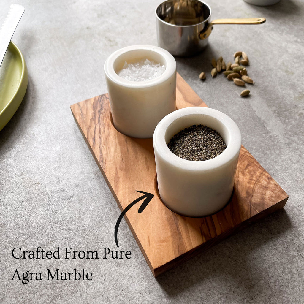 Salt and Pepper Marble Pinch Pots with Olive Wood Stand