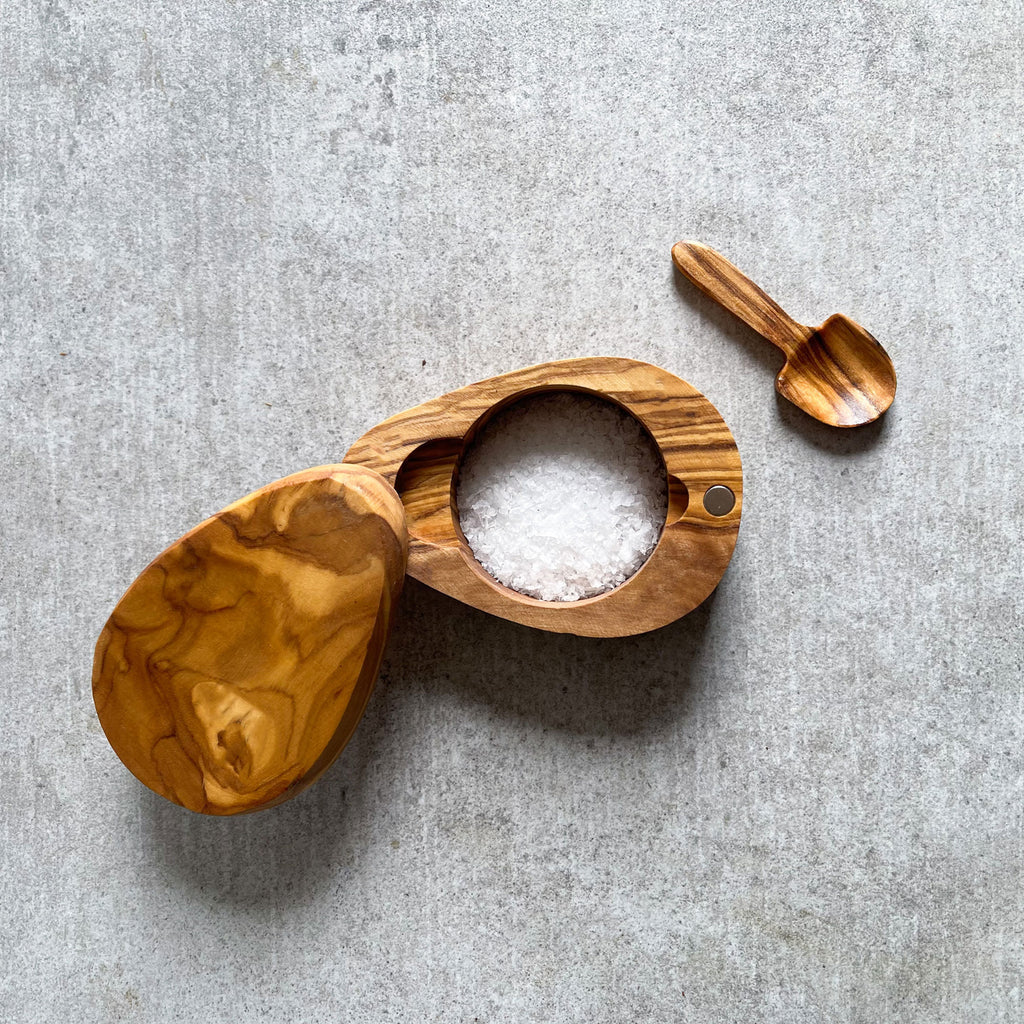 Handcrafted Olive Wood Salt Pot with Integrated Spoon