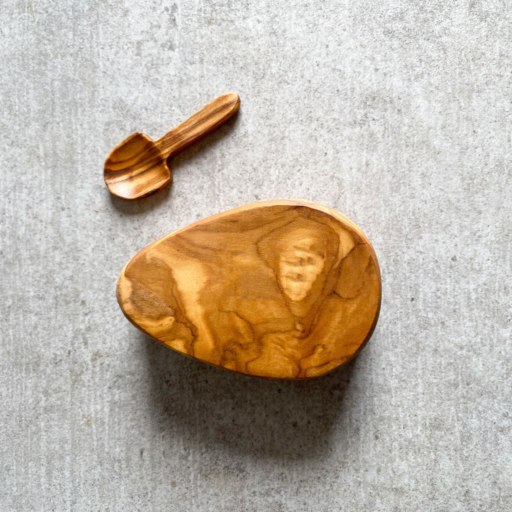 Handcrafted Olive Wood Salt Pot with Integrated Spoon