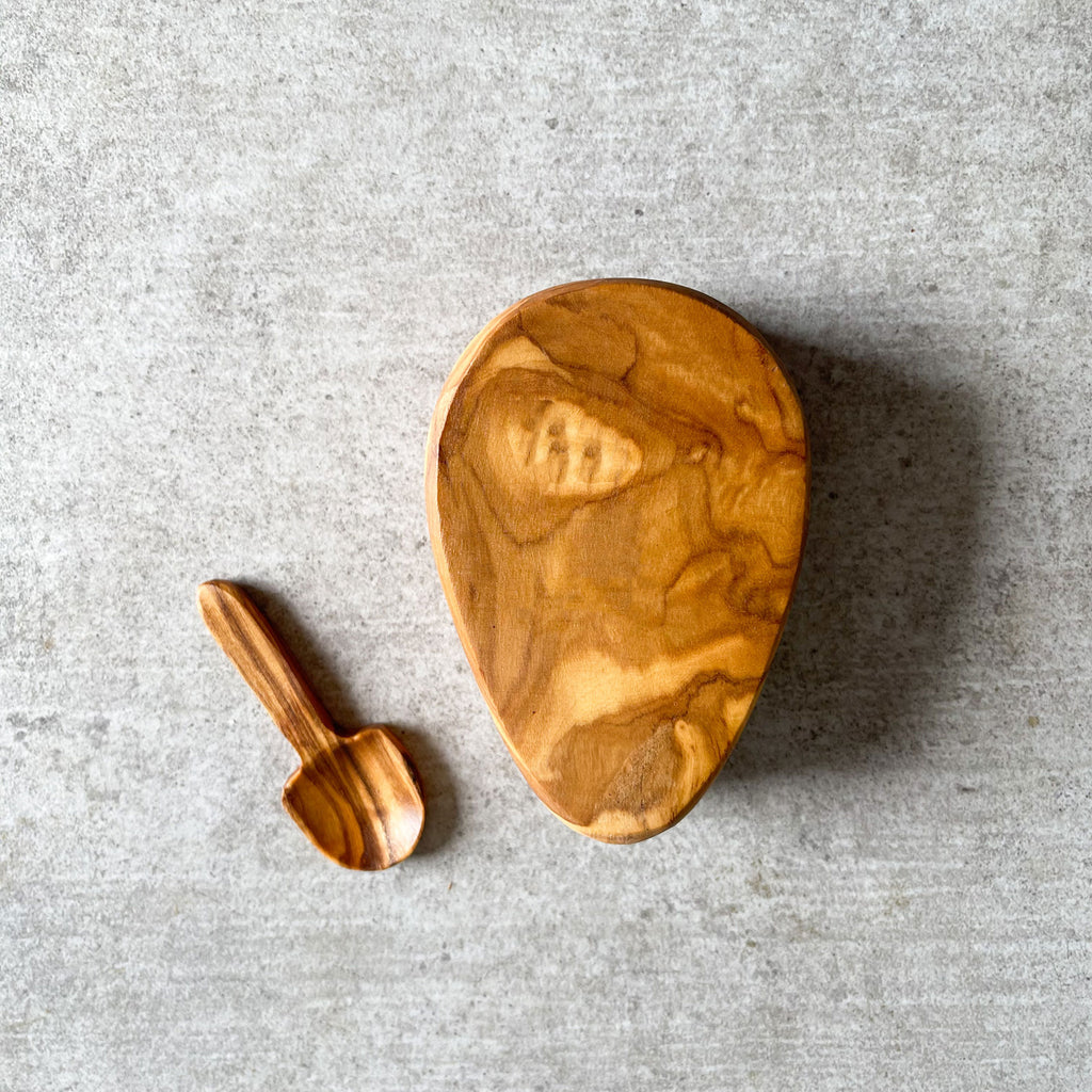 Handcrafted Olive Wood Salt Pot with Integrated Spoon